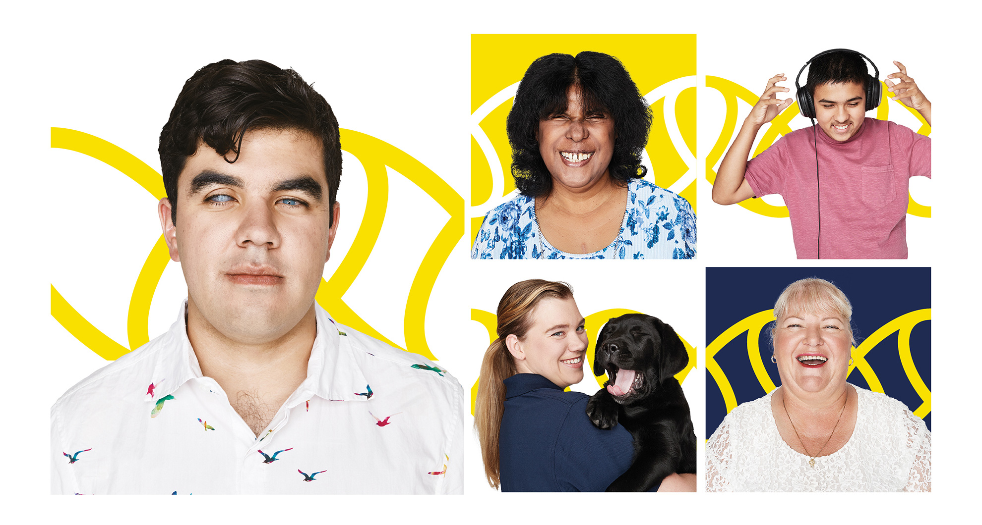 Collage of 5 photos, including Jayna and Amish, Vision Australia clients, Debra - volunteer and Brit - staff member holding a black Labrador puppy.